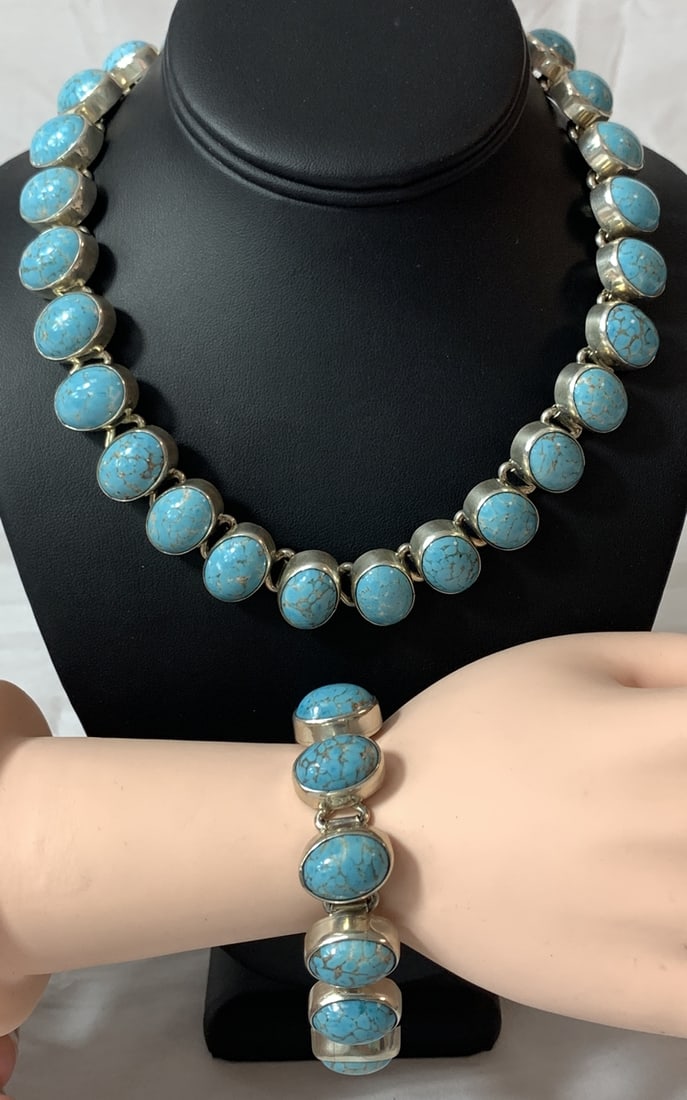 Vintage Sterling Turquoise Suite Necklace and Bracelet Silver with Big Stones (1 of 5)
