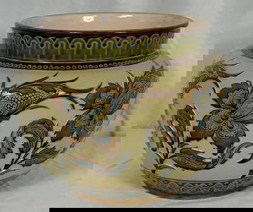 Large Mettlach 1886 Vase Great Condition: Large and attractive Mettlach vase from 1886. This vase is in great condition as you can see especially when considering it s age. Colors still vibrant. This is the second largest size Mettlach made.