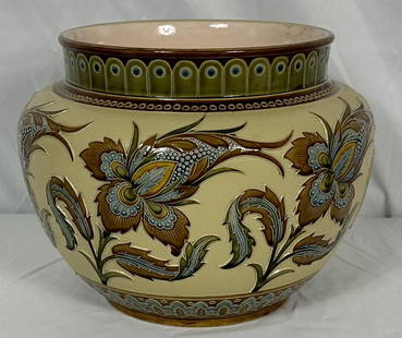 Large Mettlach 1886 Vase Great Condition: Large and attractive Mettlach vase from 1886. This vase is in great condition as you can see especially when considering it s age. Colors still vibrant. This is the second largest size Mettlach made.