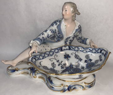 Large Meissen Figure 1800 s Dish Figural Candy Dish 12 Long Sweet Meats: Meissen large 1800s cobalt blue and gold decorated figural dish. Reclining male figure dressed circa 1750 presenting a dish with elaborate decoration. This figure/dish measures over 12 inches long