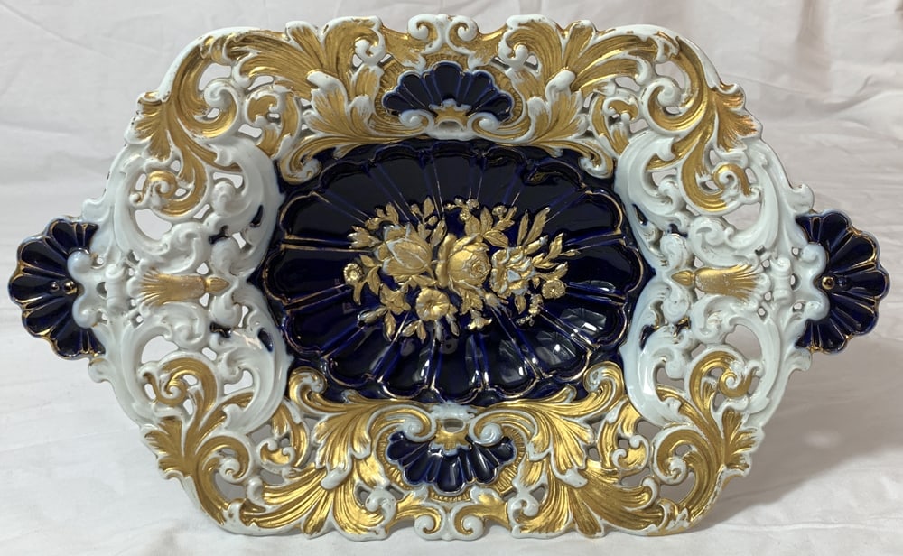 Meissen Pierced Serving Dish Blue Gold and White 14 1/2 Inches Long - C (1 of 7)