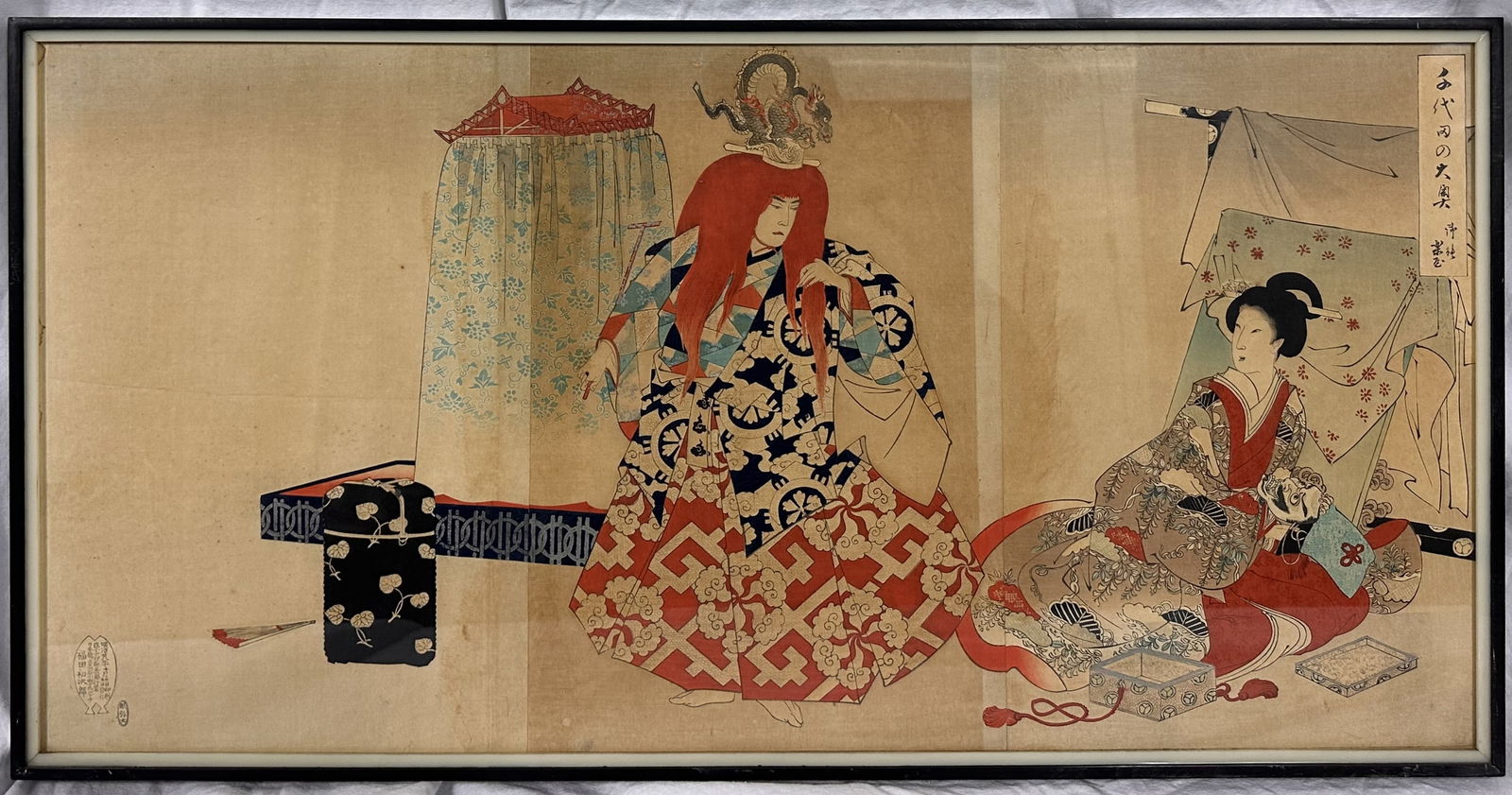 Japanese Woodblock Triptych by Toyohara Chikanobu – Backstage of a Noh Theatre (1 of 8)