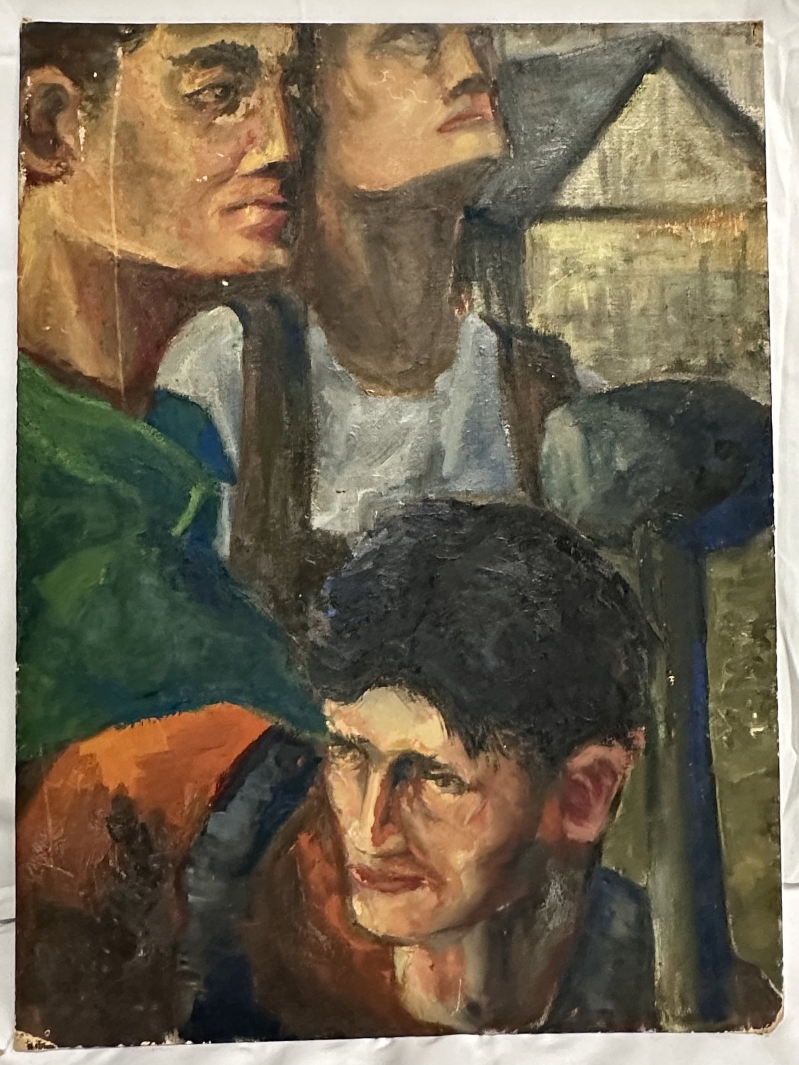Painting 3 Men Working Outdoors 1930s: 1940s painting of three men working outdoors showing implements and a farmhouse in the background. 18 x 24.