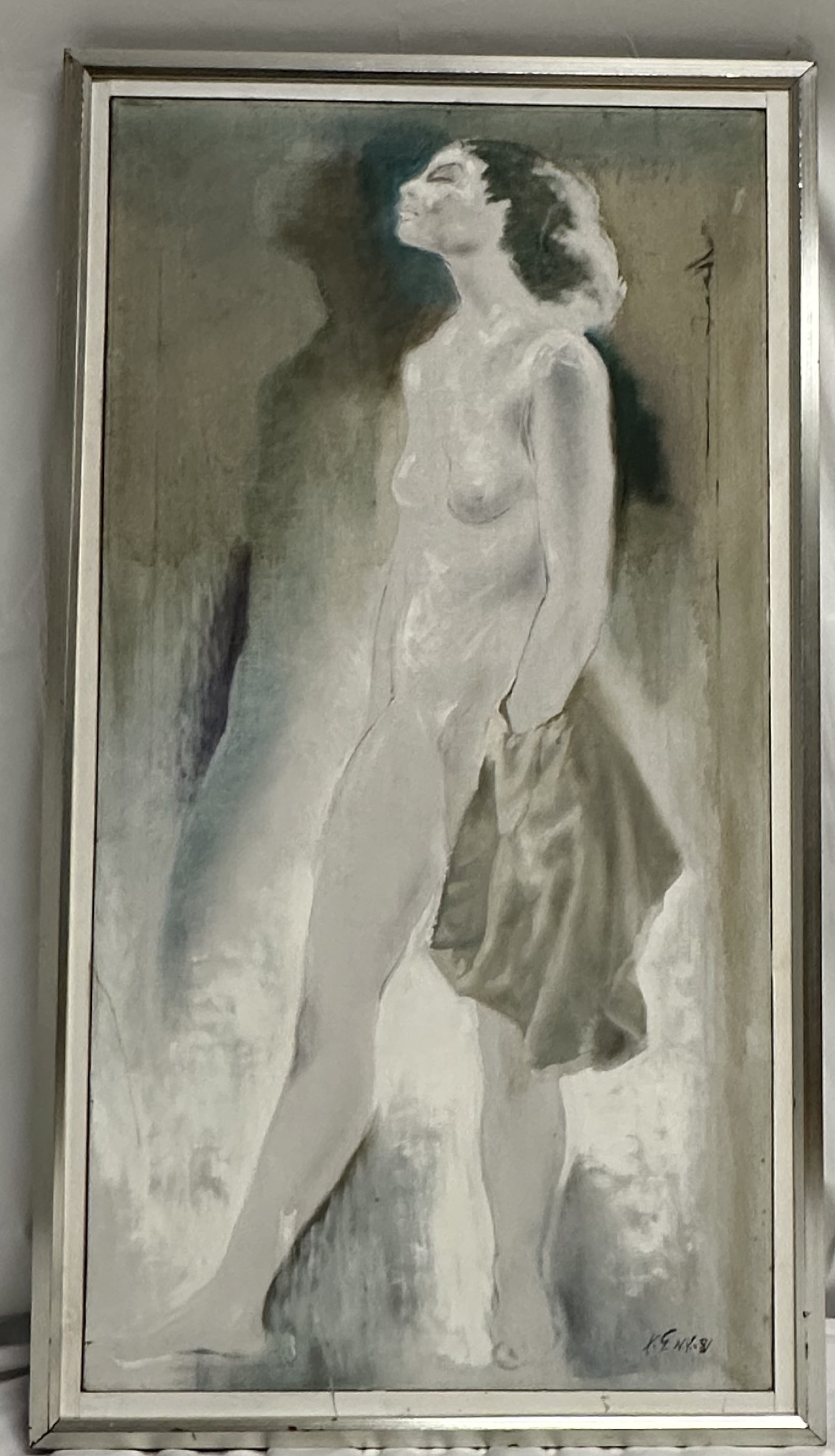 Painting of nude by Xavier Gonzalez- 38" x 20": Large painting of a nude by Xavier Gonzalez. A well known and listed artist, this piece was originally sold by Mr Gonzalez to benefit the Art Student's league. A rare example of a nude by ths artist