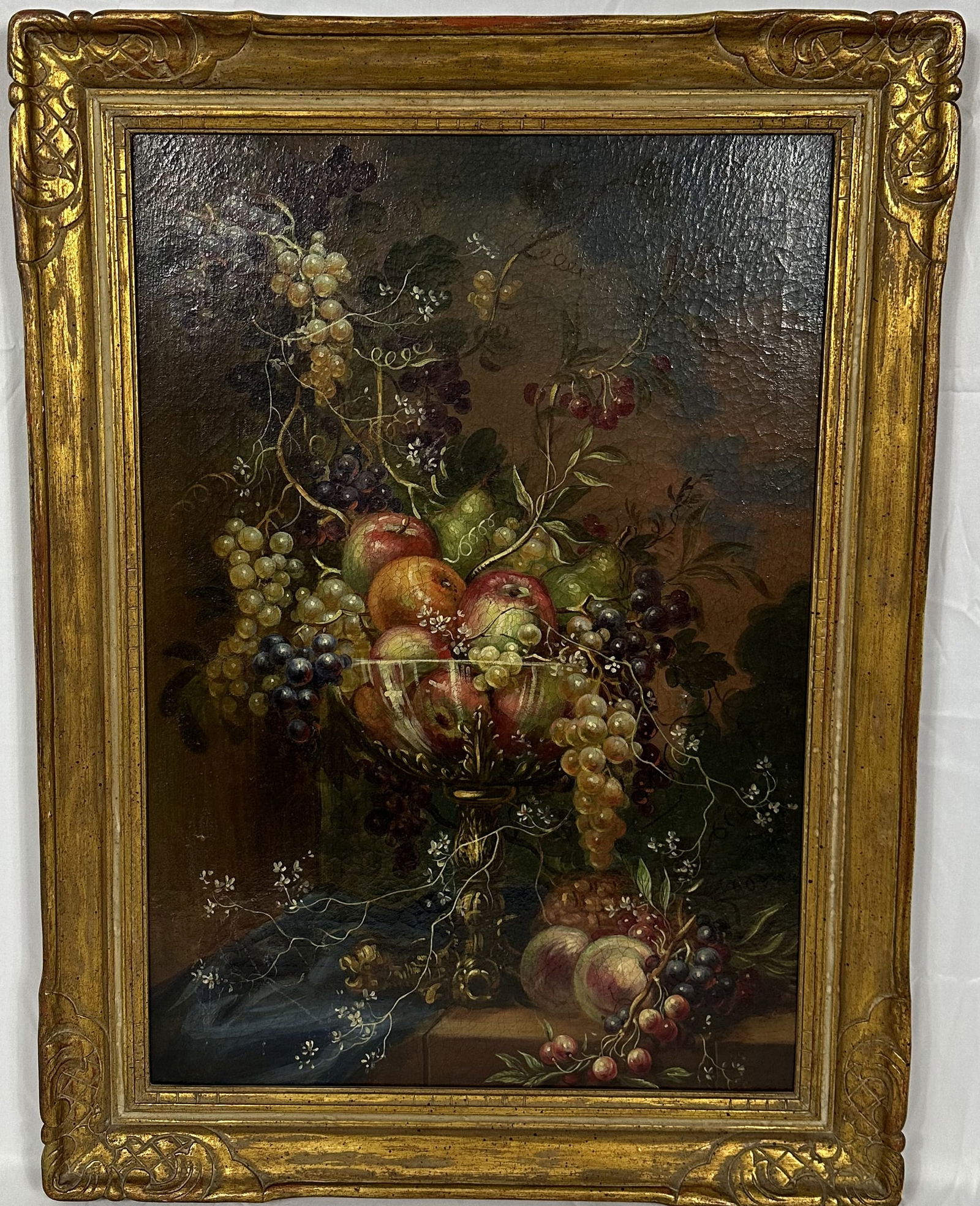 Vintage Still Life Fruit Oil on Canvas ca 1920s: Vintage/Antique 24 x 35 oil on canvas depicting fruit on a table in ornate crystal bowls. Painting is signed in red on lower left hand side but I haven't been able to identify the artist. Last name lo