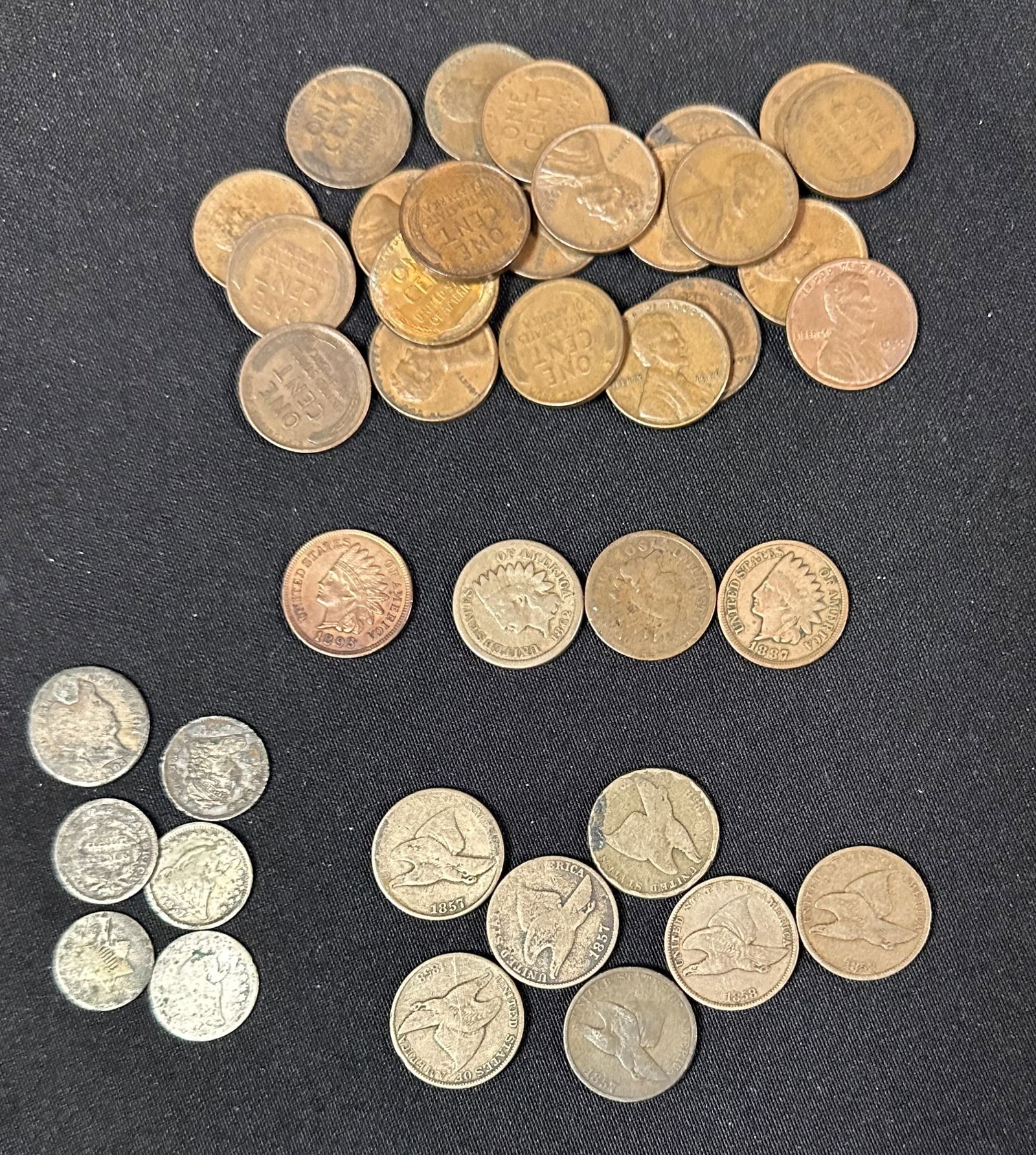 US Silver and Copper Coins Flying Eagle Pennies, Dimes (1 of 1)