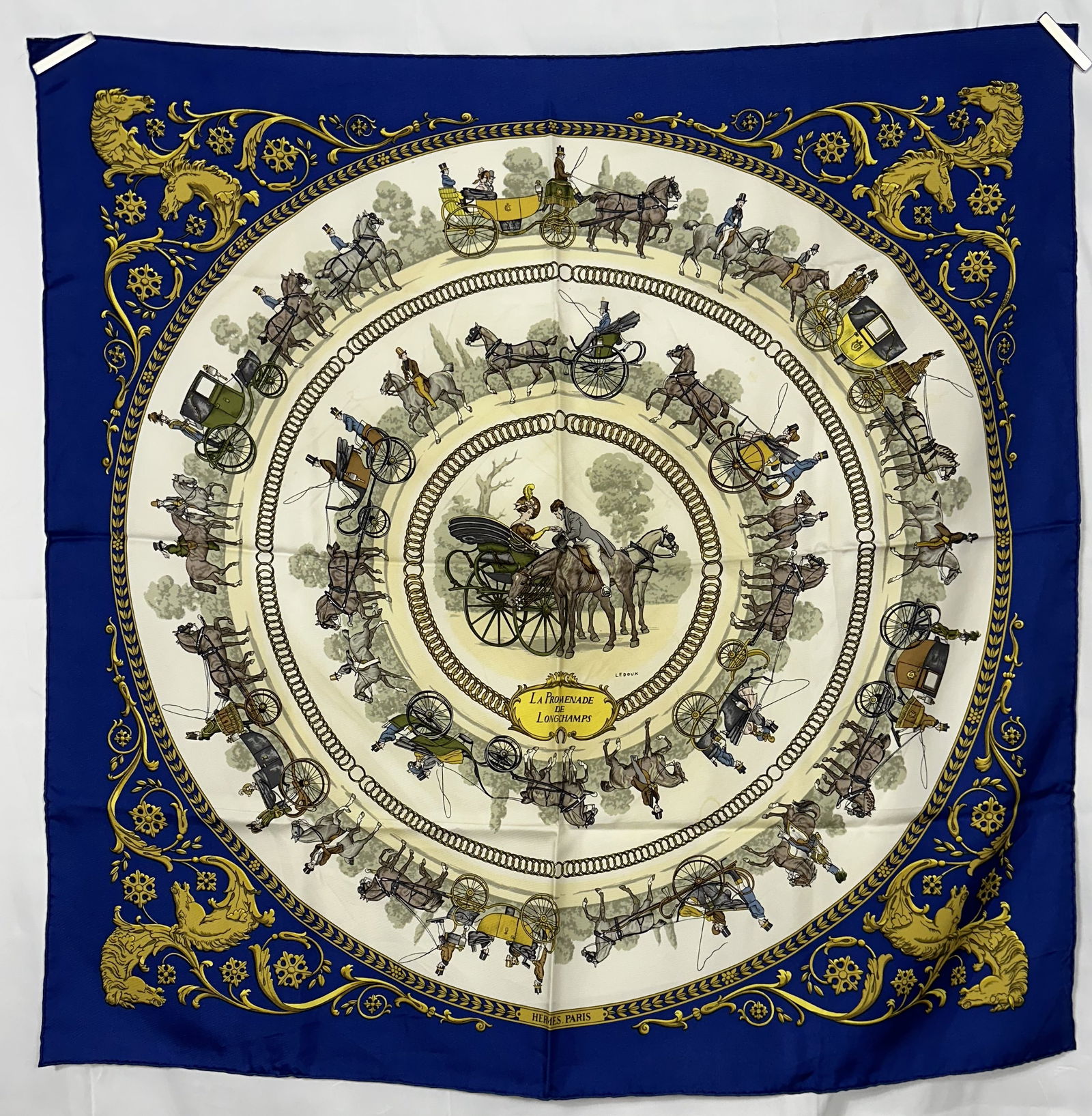 Hermes Scarf - La Promenade de Longchamps 90cm Silk Scarf With Box: An original Hermes La Promenade de Longchamps 90 cm silk scarf by Philippe Ledoux. Comes with original box as shown.