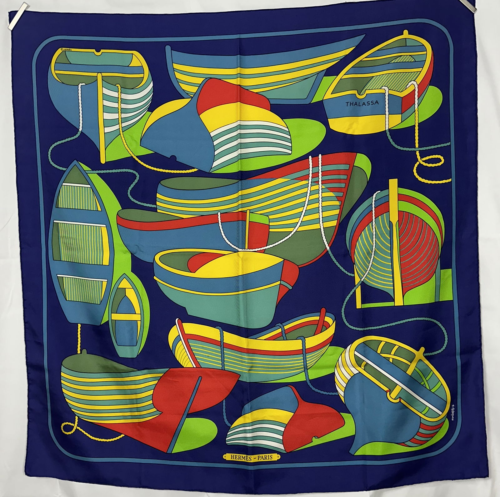 Hermes Scarf - Thalassea Boats 90cm Silk Scarf With Box: An original Hermes Thalassea Boats 90 cm silk scarf by Pierre Peron. Comes with original box as shown.