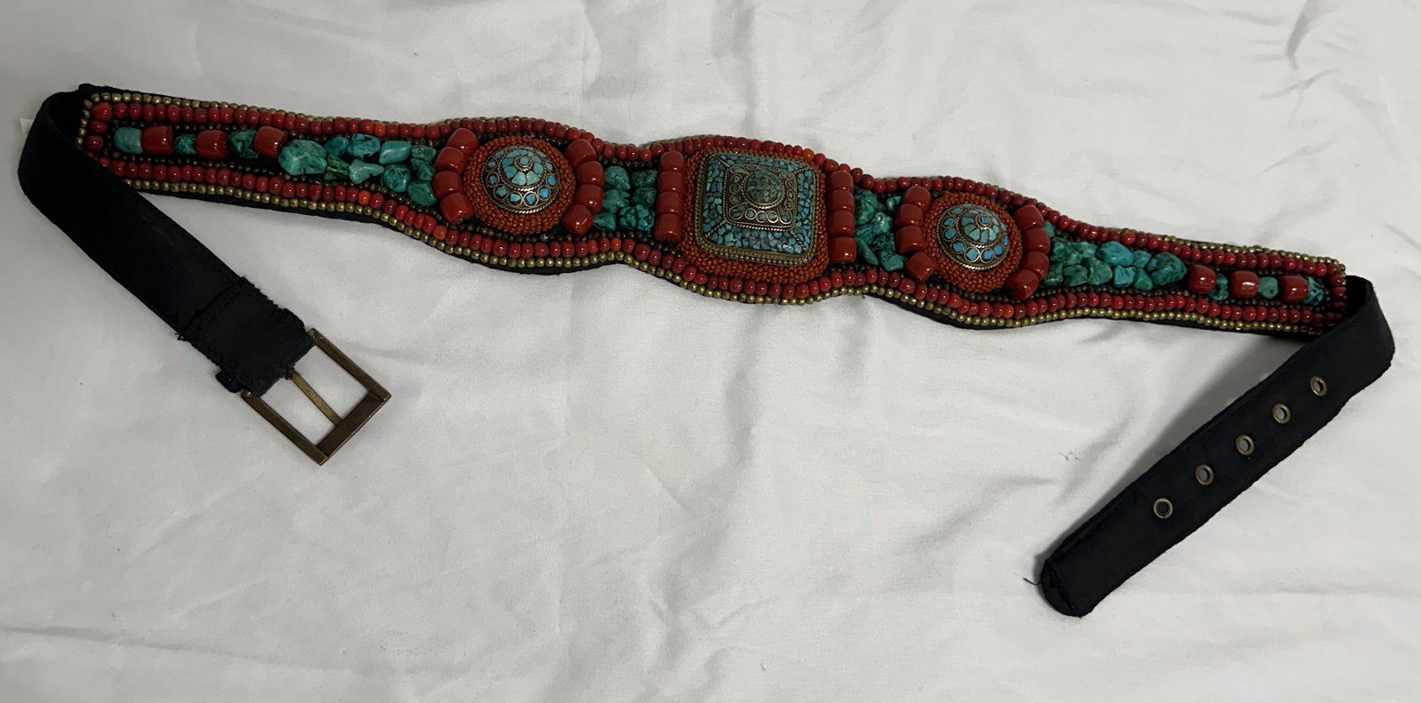 Coral and Turquoise Tibetian Style Belt: Coral and big chunk Turquoise Tibetian style belt. Buddhist Ladaki Belt - Nepal. Terrific bead work in excellent condition.