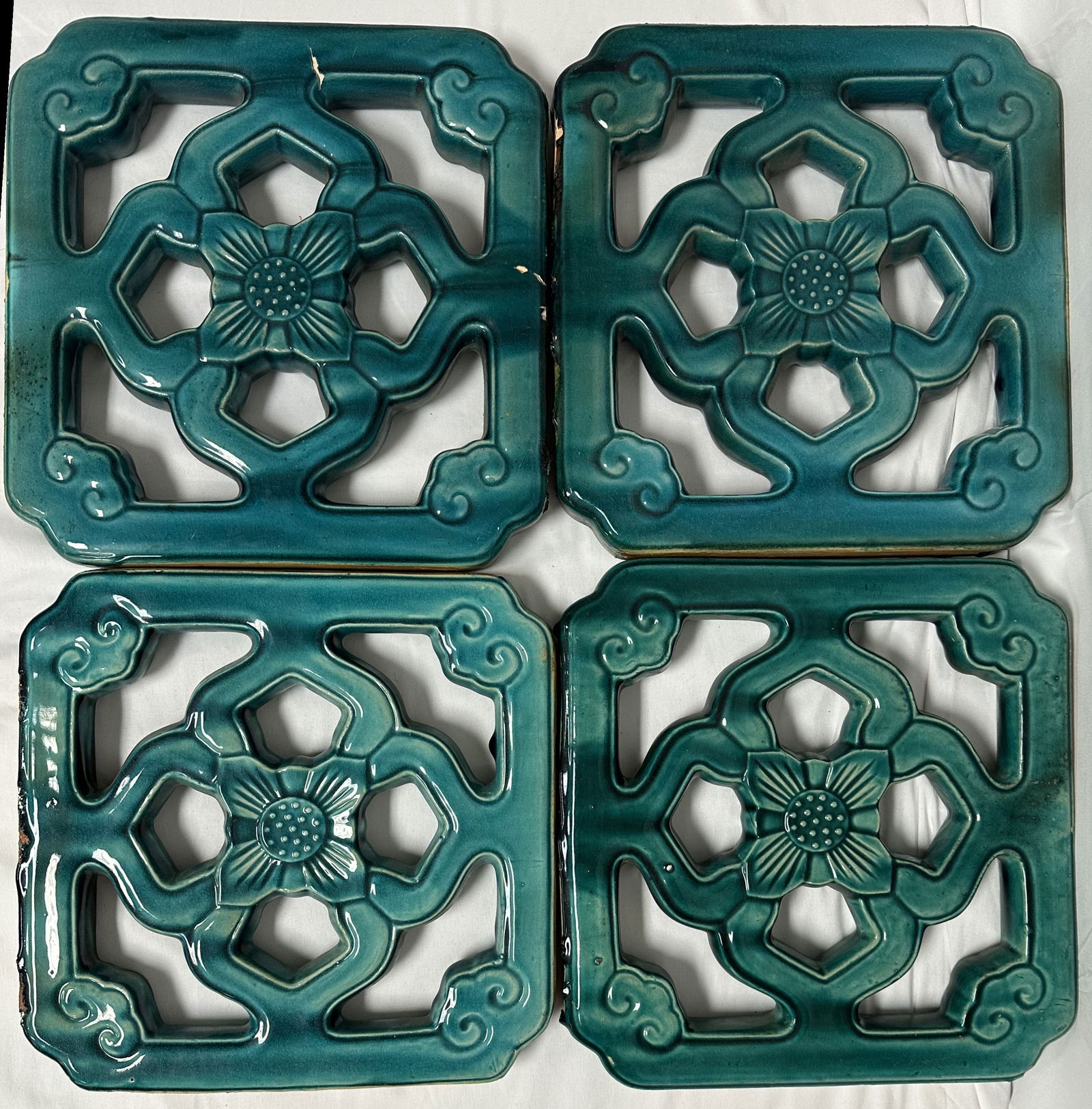 Four Tiki Tiles – Chinese Clay  Breezeway and Garden Tiles with Blue Green Green Glaze (1 of 4)