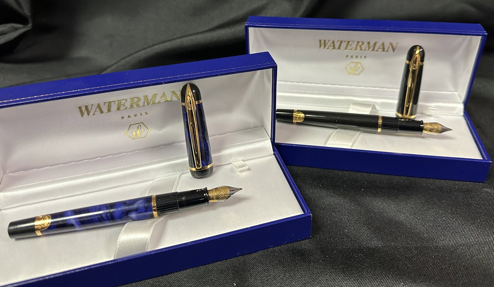 Waterman Two Philias Fountain Pens Blue Marble: Lot of two Waterman Philias fountain pens with boxes. Mont Blanc might be the more famous name but no pen writes better than a Waterman in my opinion. Also, for what it's worth, even if you dont have 