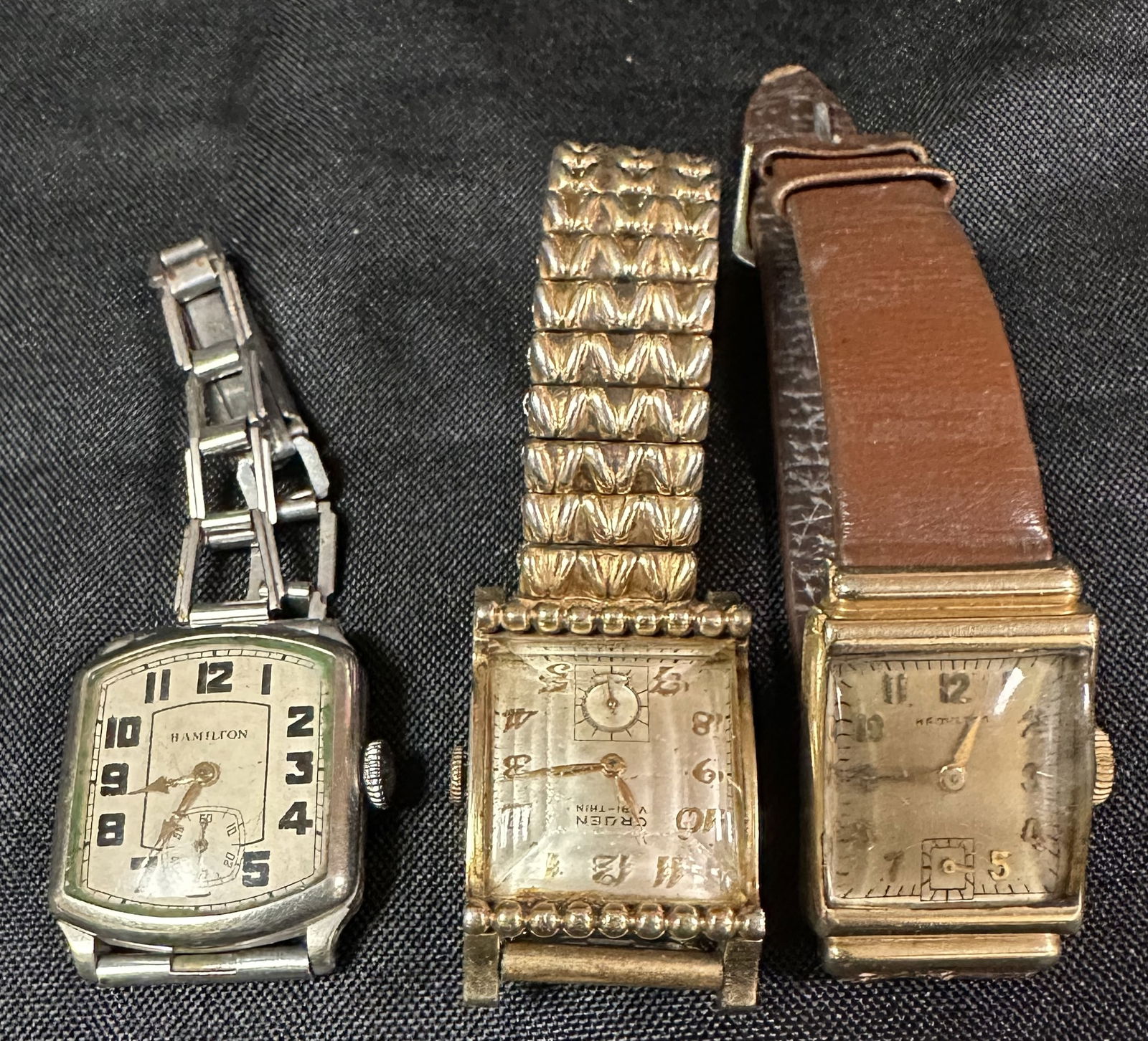 3 Art Deco Watches Hamilton & Gruen: Three vintage art deco style watches all manual wind. The Gruen has a great super deco case and crystal.