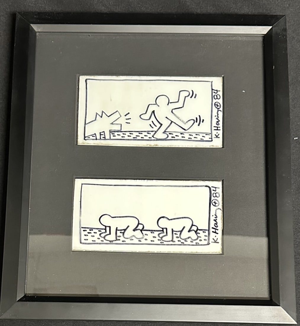 Kieth Haring Two Framed Drawn and Signed Tiles -Both Sides (1 of 8)