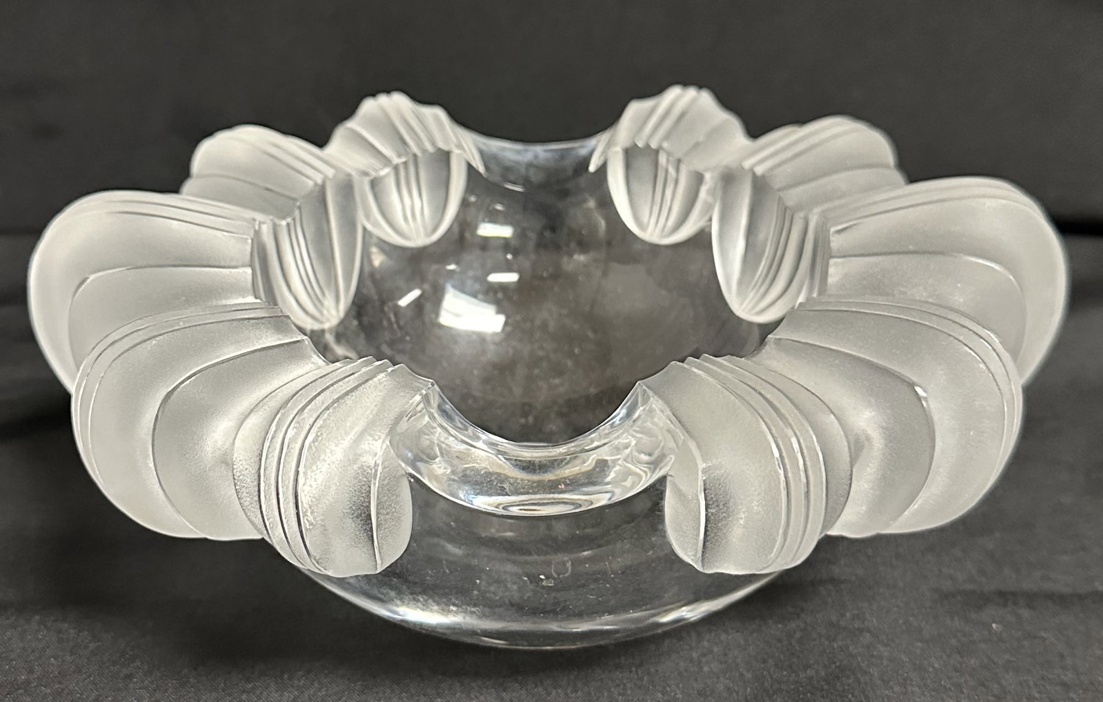Lalique Crystal Athena Bowl: Lalique clear and frosted crystal Athena bowl. Impressive looking bowl measuring over 8 inches across