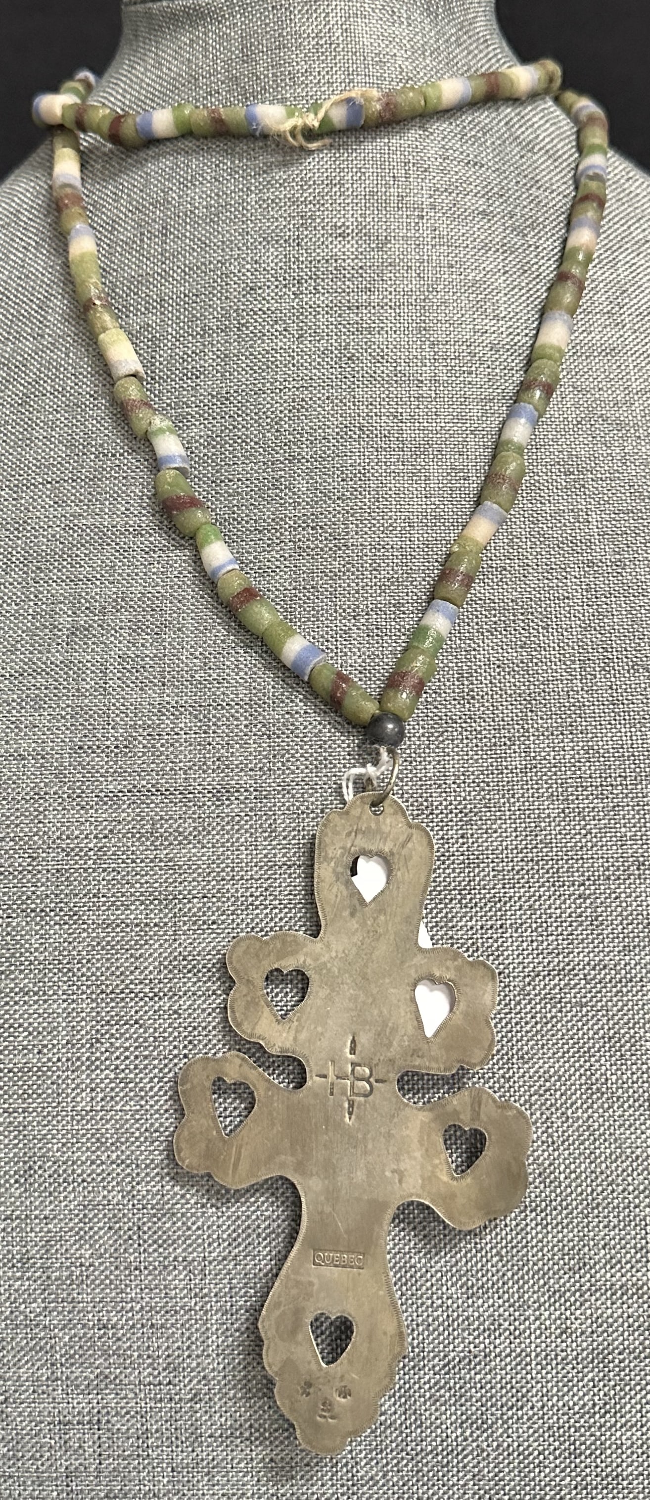 Hudson Bay Sterling Silver Double Cross with Heart Cut-Outs on Trade Bead Necklace (1 of 9)