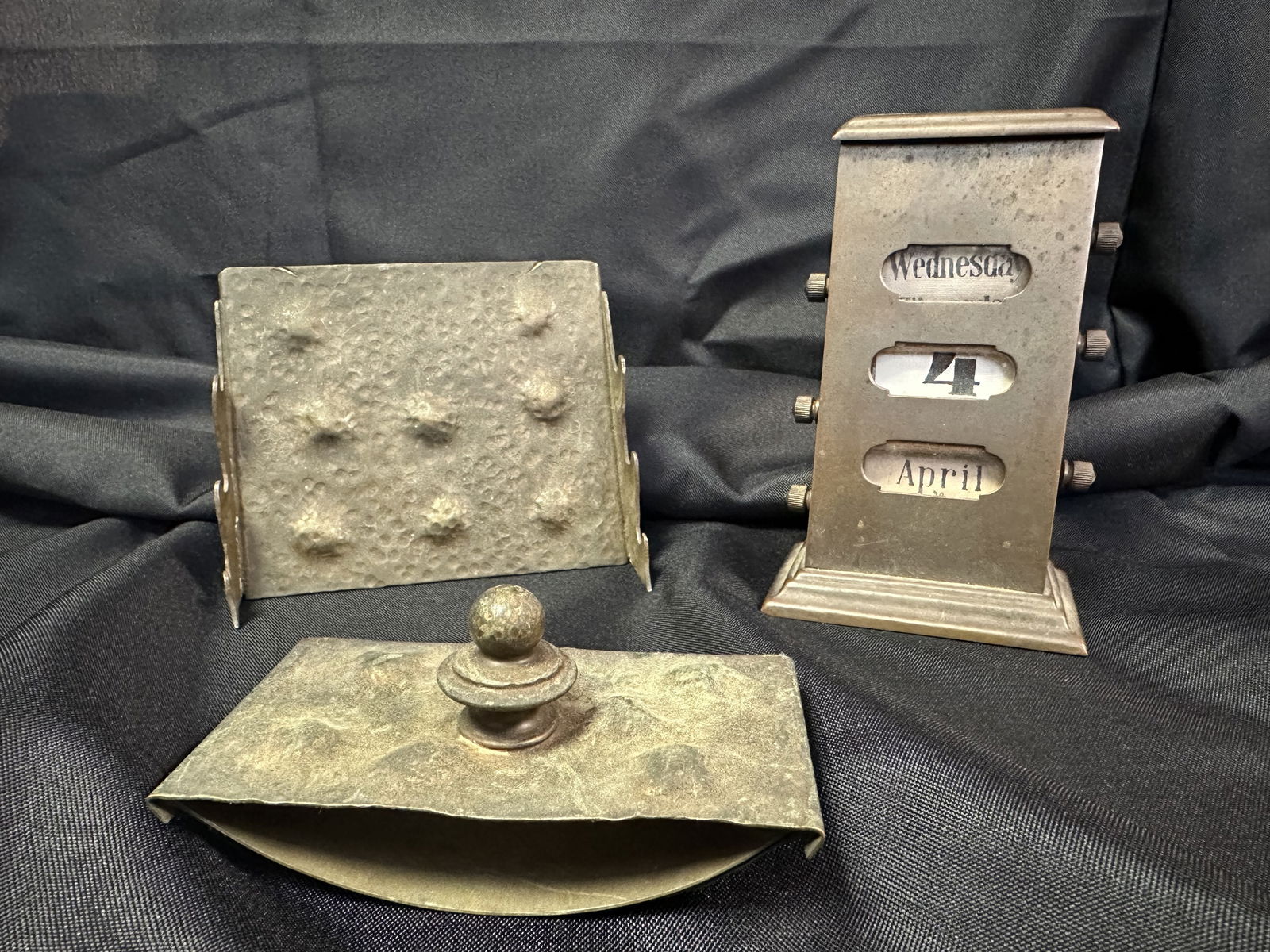 Mission Style Desk Set Apollo Studios NY: Three desk items, two Mission style copper pieces by Apollo Studios NY with nice patina and that interesting bubble design. The perpetual calendar was added to round out the set. Not by Apollo but a r