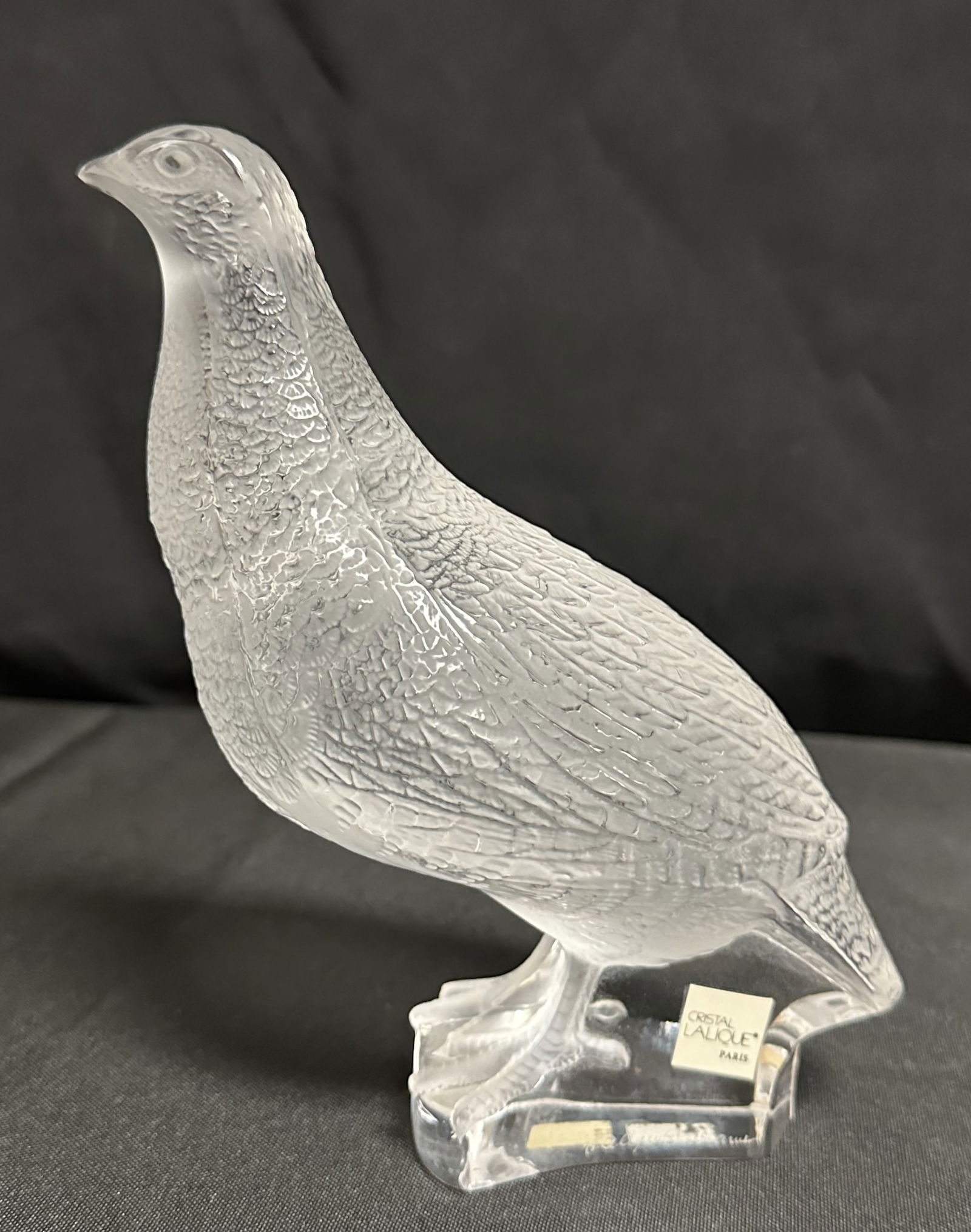 Lalique Crystal Partridge Figure Perdrix Debout Pigeon about 7 Tall: This piece is a wonderful crystal Animal Sculpture depicting a Partridge in an upright position, 6 3/4 x 7 x 3 1/2/ Frosted body, Clear base. A large portion of its body is textured to simulate feathe