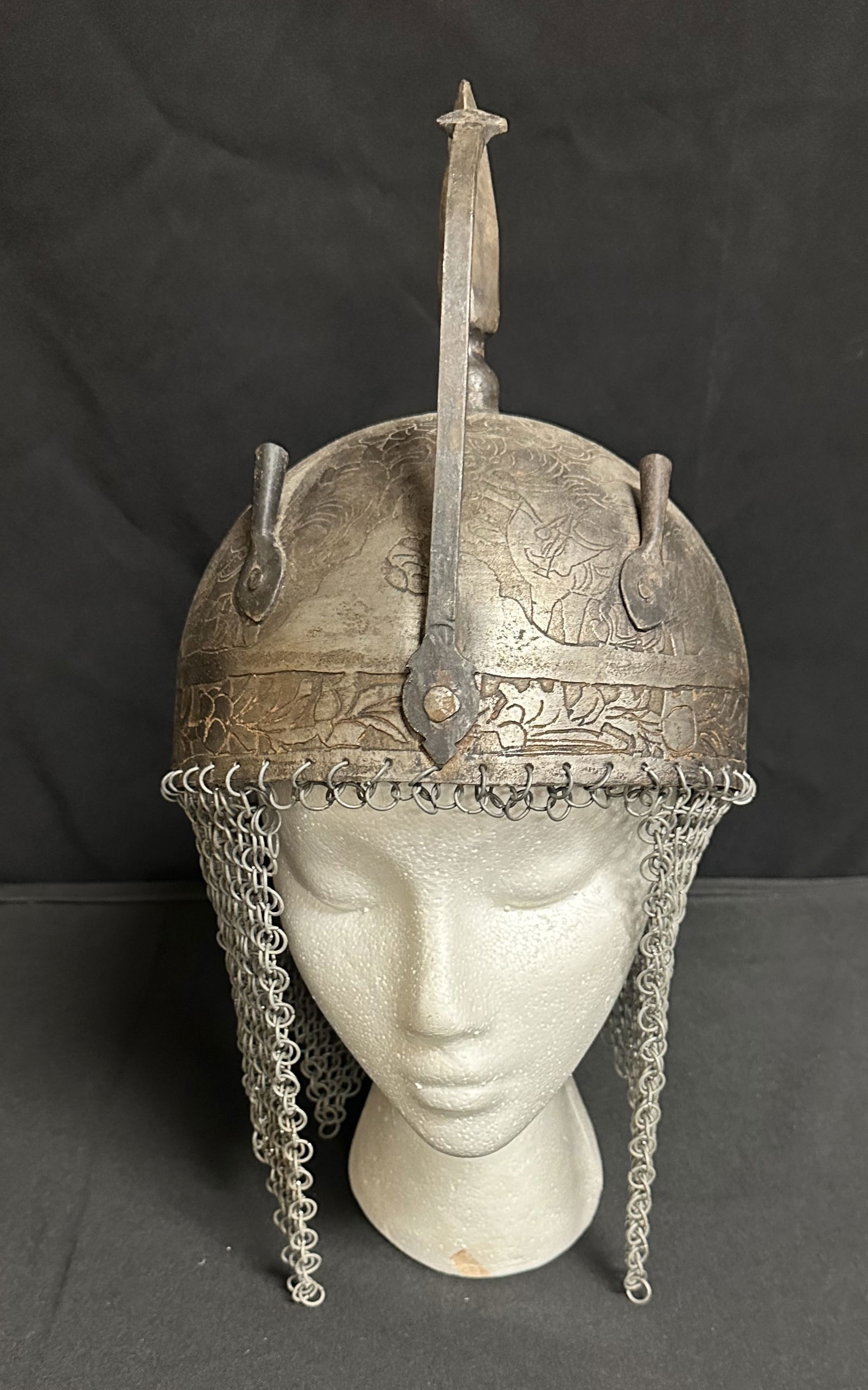 Engraved Persian Helmet with Chainmail and Battle Scenes (1 of 9)
