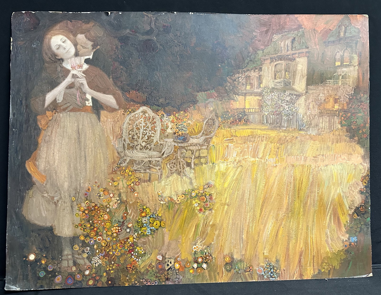 Large Romantic Original Illustration 31x23: Large Oil on Board of a romantic scene with couple in the foreground in a field of flowers with an impresive house on the hill off to the right of them. The size, style, medium and layout/dimensions s
