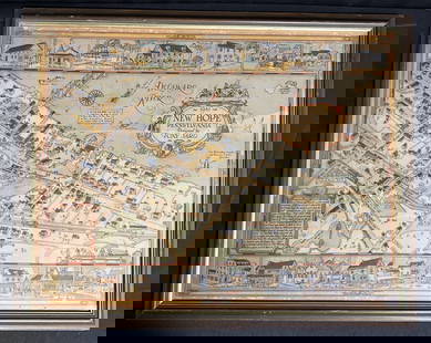 Rare Tony Sarg Colored Map of New Hope, Pennsylvania 1941: Rare Tony Sarg (1880-1942) Colored Map of New Hope, Pennsylvania 1941, depicting George Washington crossing the Delaware River among other local points of interest19 in. x 25 in. Framed 27.5 in. x 33