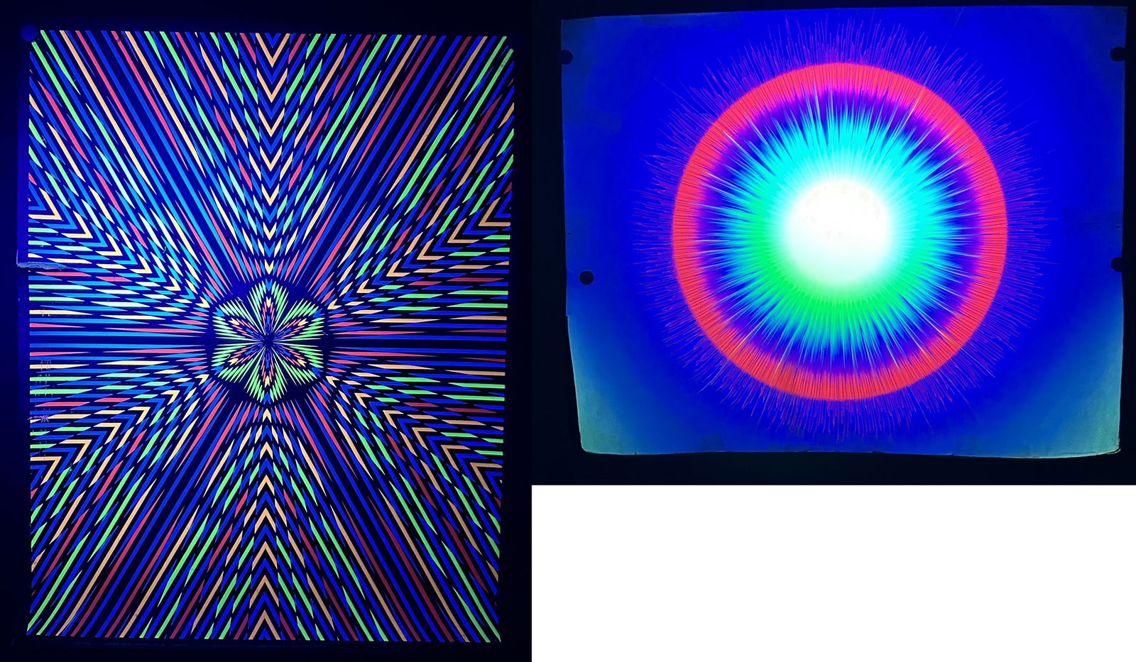 Two 1970 Blacklight Posters - Geometric: Flash from the past - Two posters from about 1970 activated by black light. Posters generally about 22 x 27 and show intricate geometric designs. These photos do not do justice. When lit by black ligh