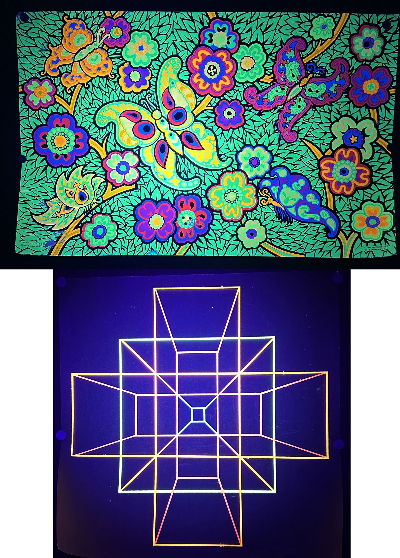 1968 Third Eye Blacklight Poster - Two Posters: Flash from the past - Two posters from about 1968 activated by black light. Posters generally about 22 x 27 and show intricate geometric designs. The Third Eye green poster is about 21 x 33 and the ge
