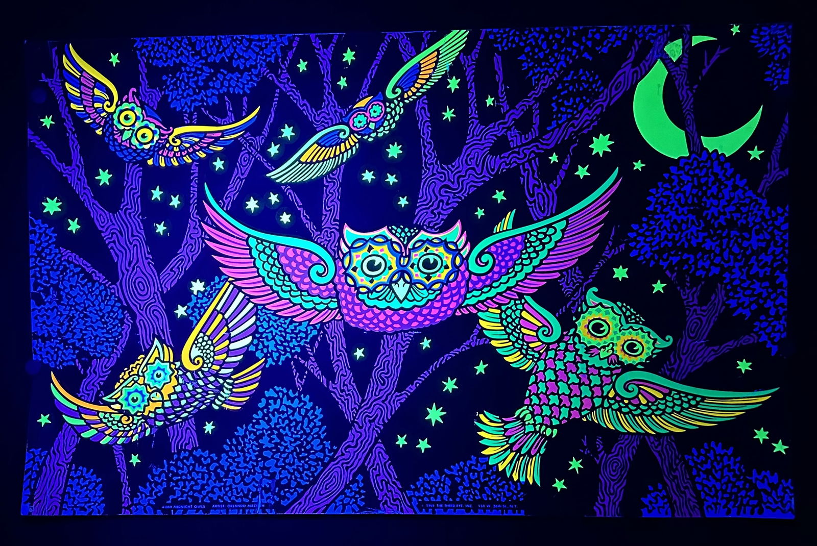 1969 Psychadelic Midnight Owls Third Eye Black Light Poster: Flash from the past - Psychadelic black light poster about 21 x 33 inches. This poster is named Midnight Owls and is from 1969 by The Third Eye company. These photos do not do justice. When lit by bla