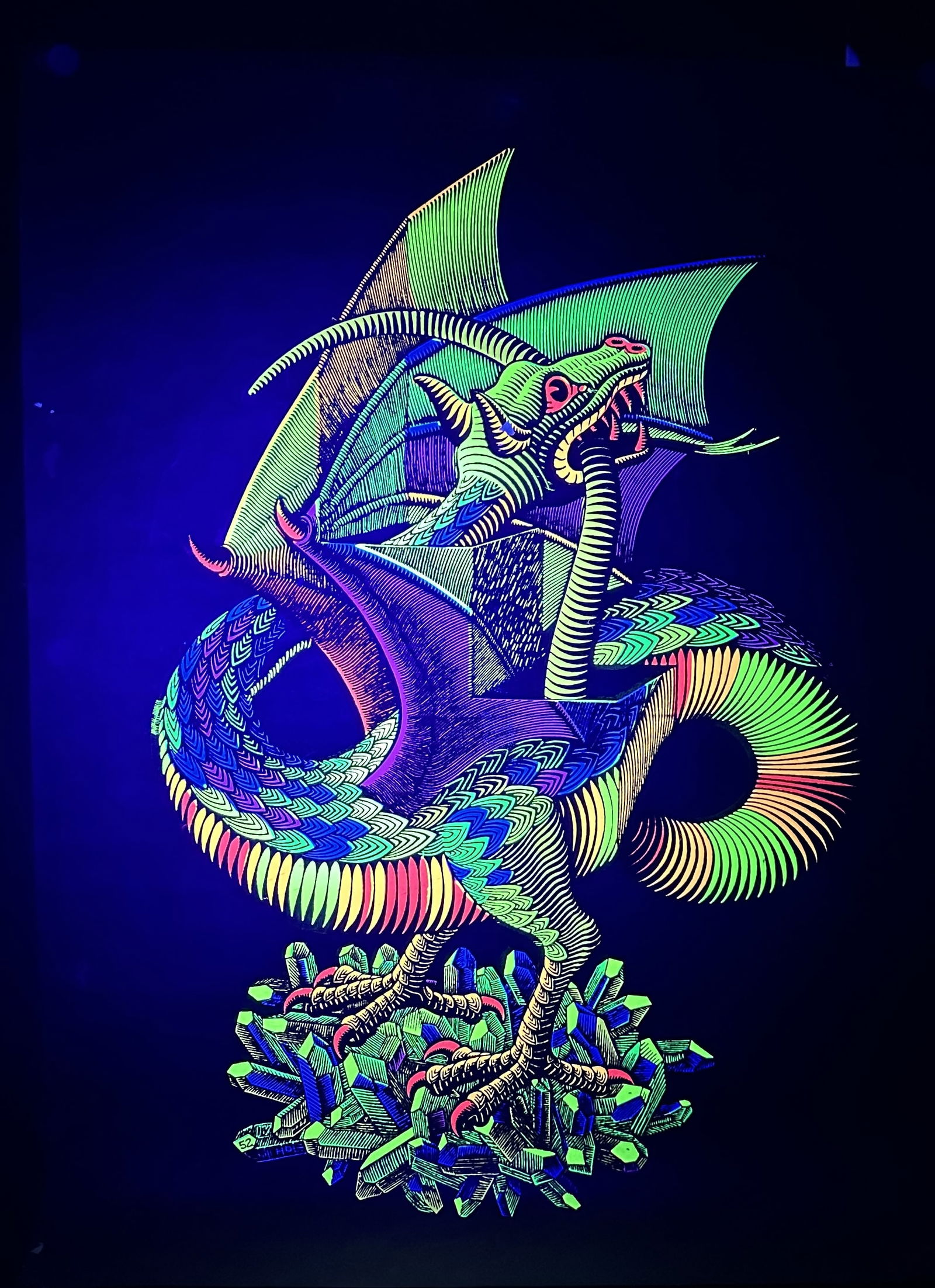 Psychadelic Dragon Black Light Poster ca 1969: Flash from the past - Psychadelic black light poster about 21 x 29 inches. Great depiction of a dragon from about 1969. These photos do not do justice. When lit by black light they glow and the colors