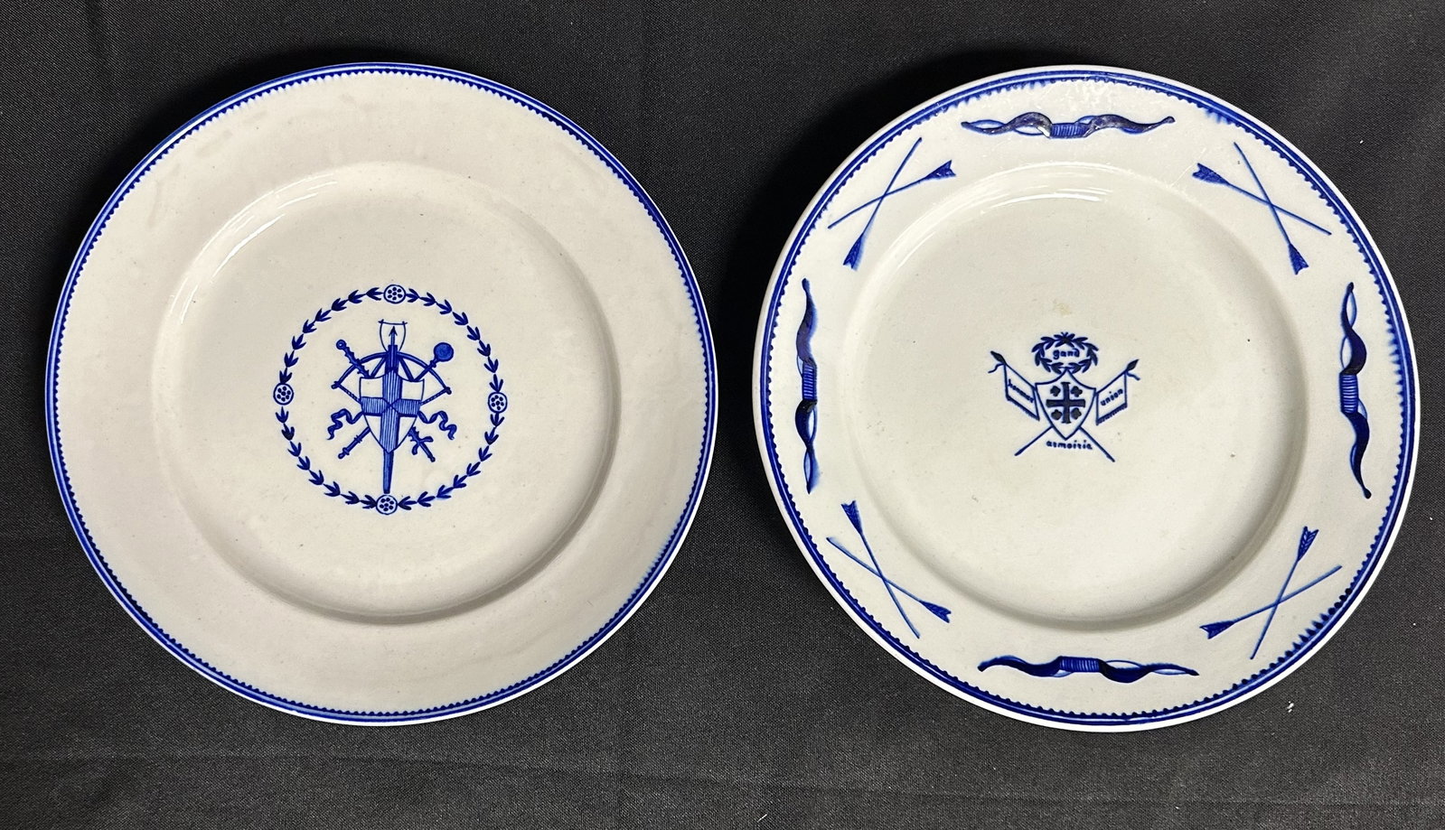 Two Tournai Plates Decorated with Shooting Prizes: Tournai (Belgian, established ca. 1750) two plates decorated with shooting prizes. Definitely antique and could date back as far as 18th century.