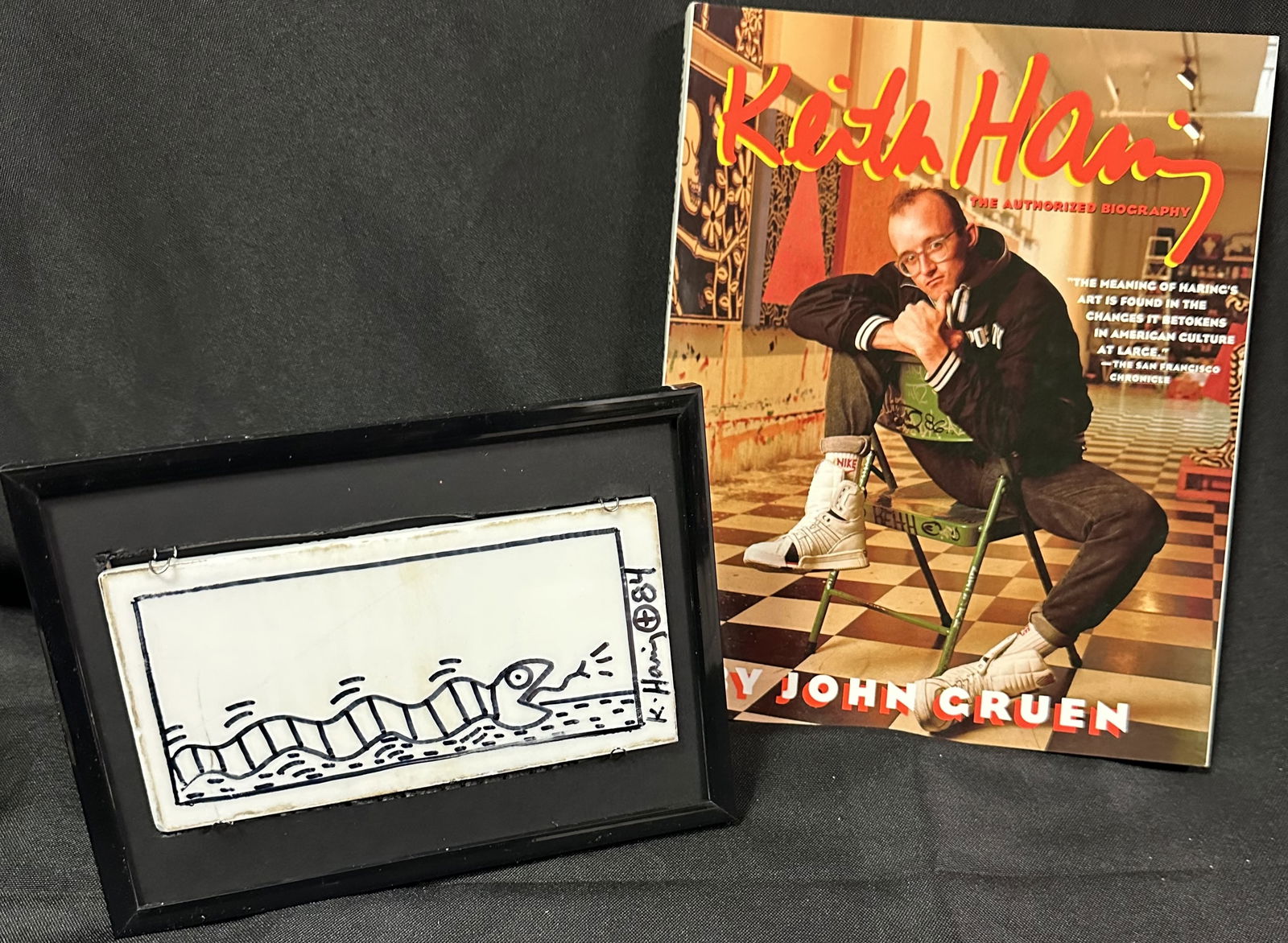 Keith Haring Drawn Tile 1985 Snake + Drawn on Back + Book (1 of 6)