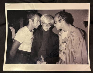 Andy Warhol Keith Haring Kenny Scharf Photo by Patrick McMullan: Approximately 11 inch by 14 inch black and white photograph of Kenny Scharf, Andy Warhol and Keith Haring in Il Cantinori taking June 16, 1986 by well known celebrity photographer Patrick McMullan. Th
