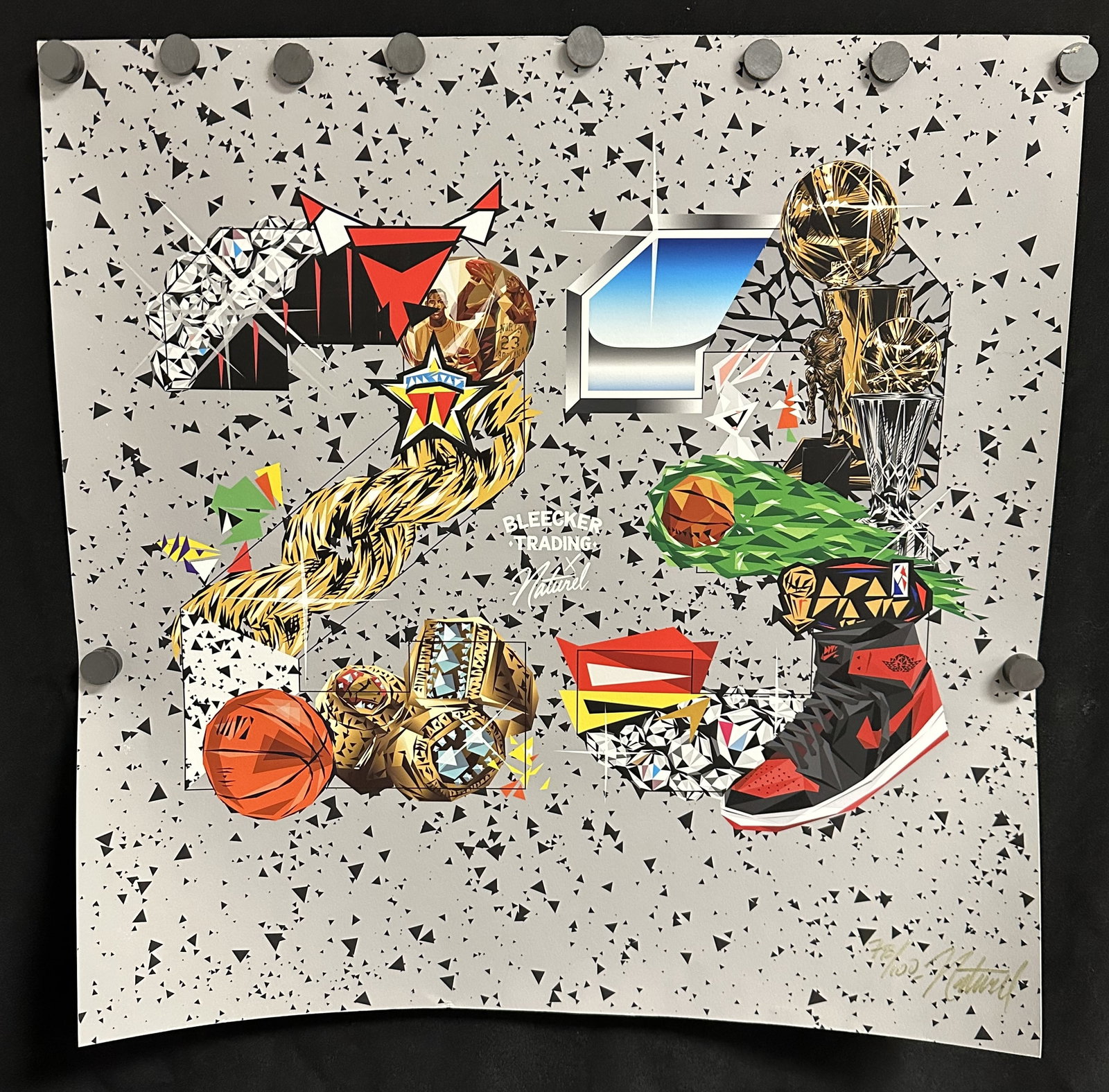 Lawrence Naturel Atoigue Bleeker Street Collab Jordan Day: Nice piece approximately inches square by Lawrence Naturel Atoigue depicting the number 23 in items related to Michael Jordan. In a collaboration with Bleecker Trading this piece was designed to celeb