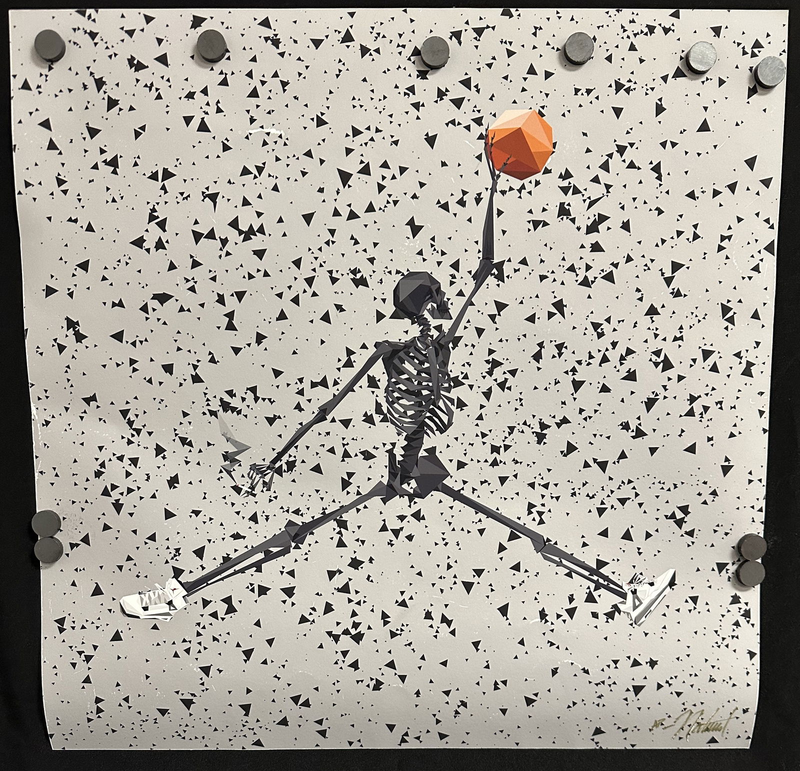 Lawrence Naturel Atoigue Nike Skeleton Dunking: Nice piece approximately 19 1/2 inches square by Lawrence Naturel Atoigue depicting a skeleton smoking a cigarette wearing sneakers about to dunk. This is one of Naturels most popular images usually d