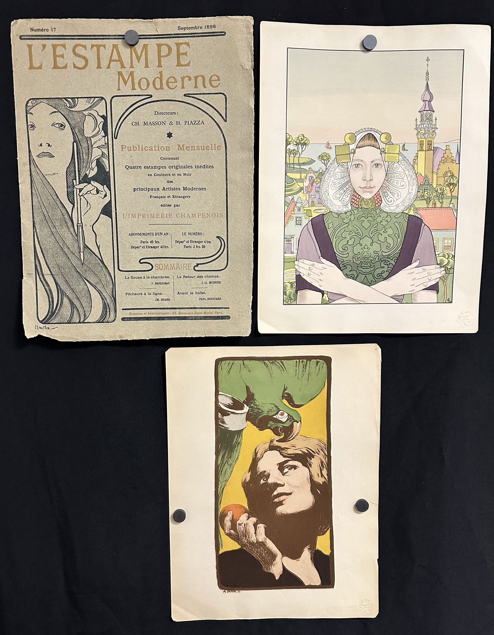 lEstampe Moderne Alphonse Mucha Folio Cover + 2 Lithographs: lEstampe Moderne (The Modern Print) group of an original Alphonse Mucha folio cover and two lithographs including F. MELCHERS, LA PHAL?NE DES ISLES DE LA MER from 1897 and La Femme au perroquet (The W