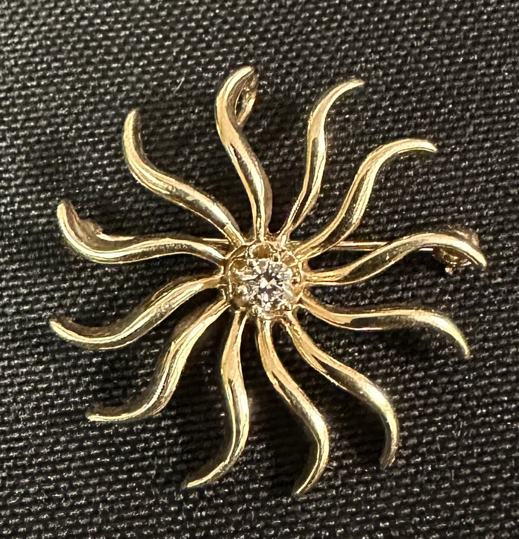 14k Yellow Gold Sunburst Brooch with Diamond (1 of 2)