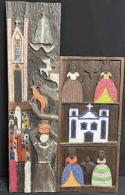 Two 1970 Brazilian Folk Art Carved Wood Panel by the artist Lucasi