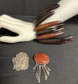 Silver Jewelry Two Brooches and One Wood Bracelet