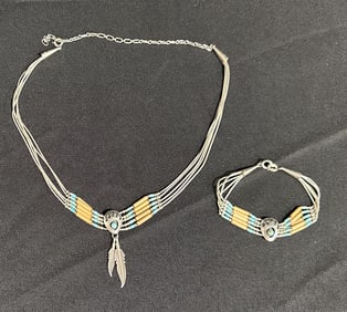 Two Native American Silver Jewelry Pieces Necklace and Bracelet Signed