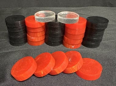 Catalin Red and Black Checkers/Backgammon Pieces 1 1/2 Inches