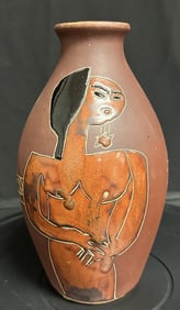 Vintage Art Pottery Vase - Red and Enamel - Signed