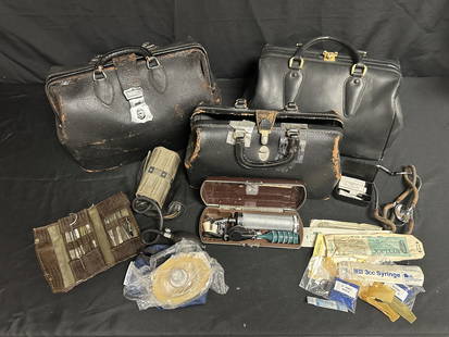 Lot of 3 Vintage Leather Medical Bags with Supplies: Group of three full sized vintage leather medical bags. One of the bags was filled with vintage supplies as shown all included in the lot. Please review photos to see the different conditions of the b