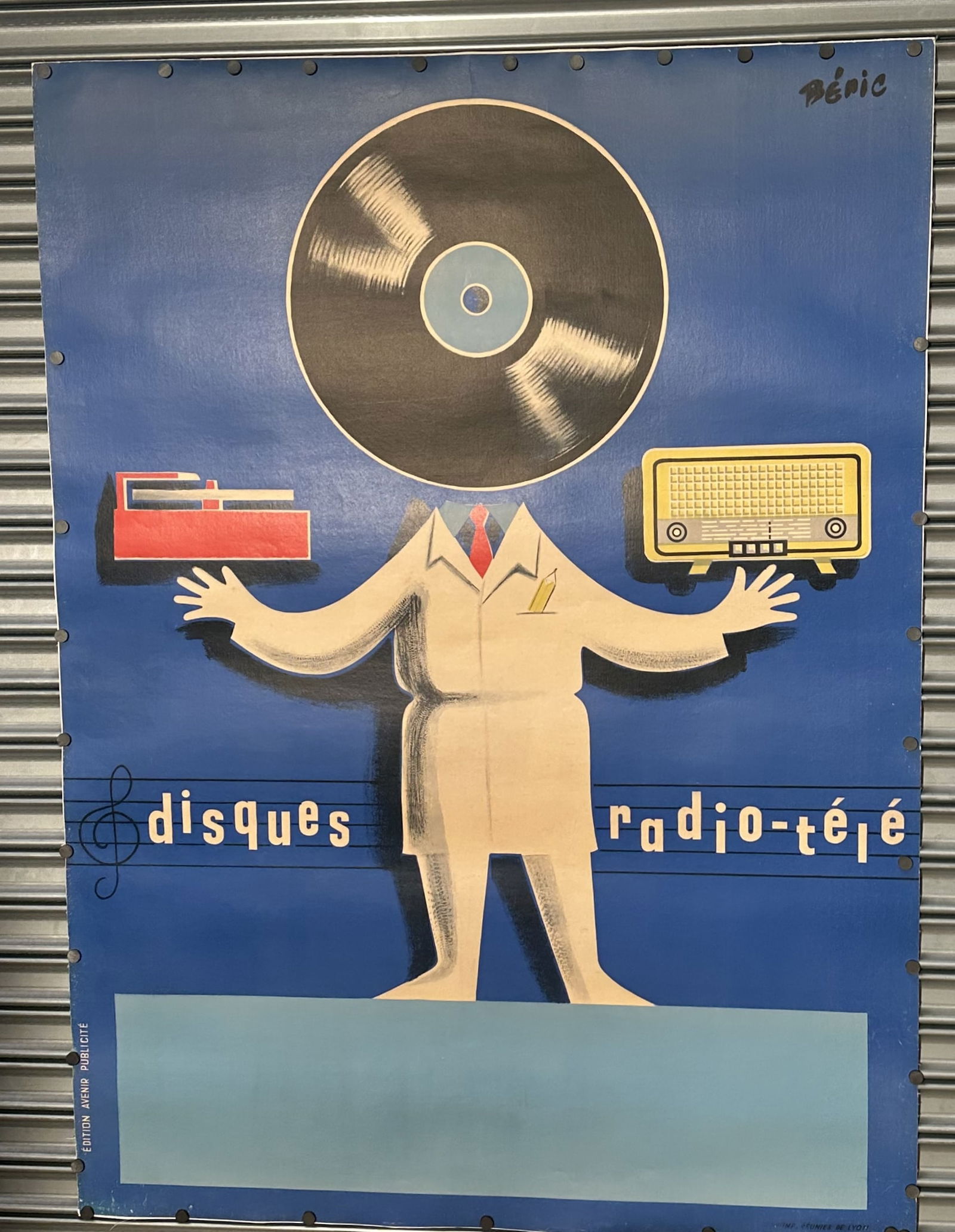 Vintage Poster by Beric Disques - Radio - Tele 62 inches by 45 inches Canvas Backed: This is a charming and creative image to promote the sales of record players, radios, and televisions. By using the record as the head of the figure in this poster, the artist has cleverly designed an