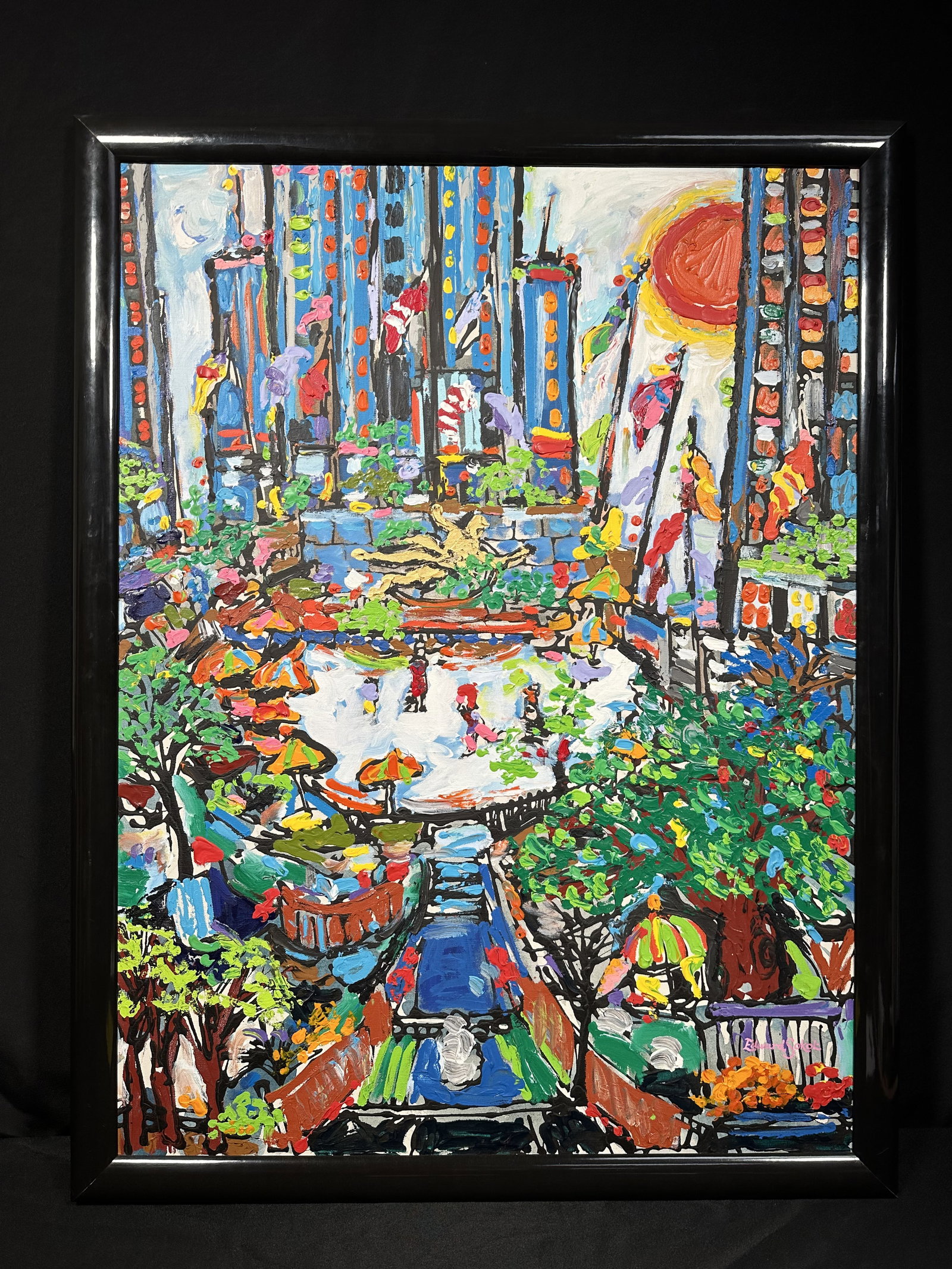 Edward Sokol Painting Rockerfeller Center: Edward Sokol acrylic on canvas of Rockerfeller Center. This large painting shows Sokol's version of the famous ice skating rink, a classic New York City scene.This auction is using LiveShipping howeve