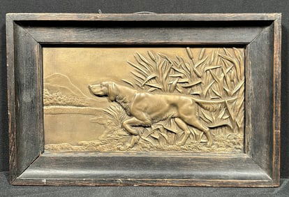 1900s Bronzed Bas Relief of Hunting Dog in Walnut Frame
