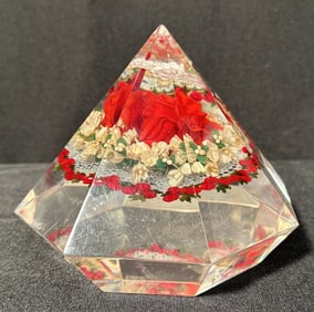 Vintage 1970s Lucite Paperweight Diamond Shape Floral Design