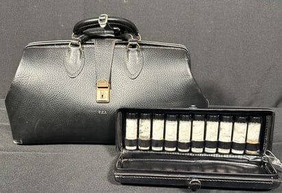 Vintage Doctor's Bag and Medicine Case - Ten 3 Inch Bottles
