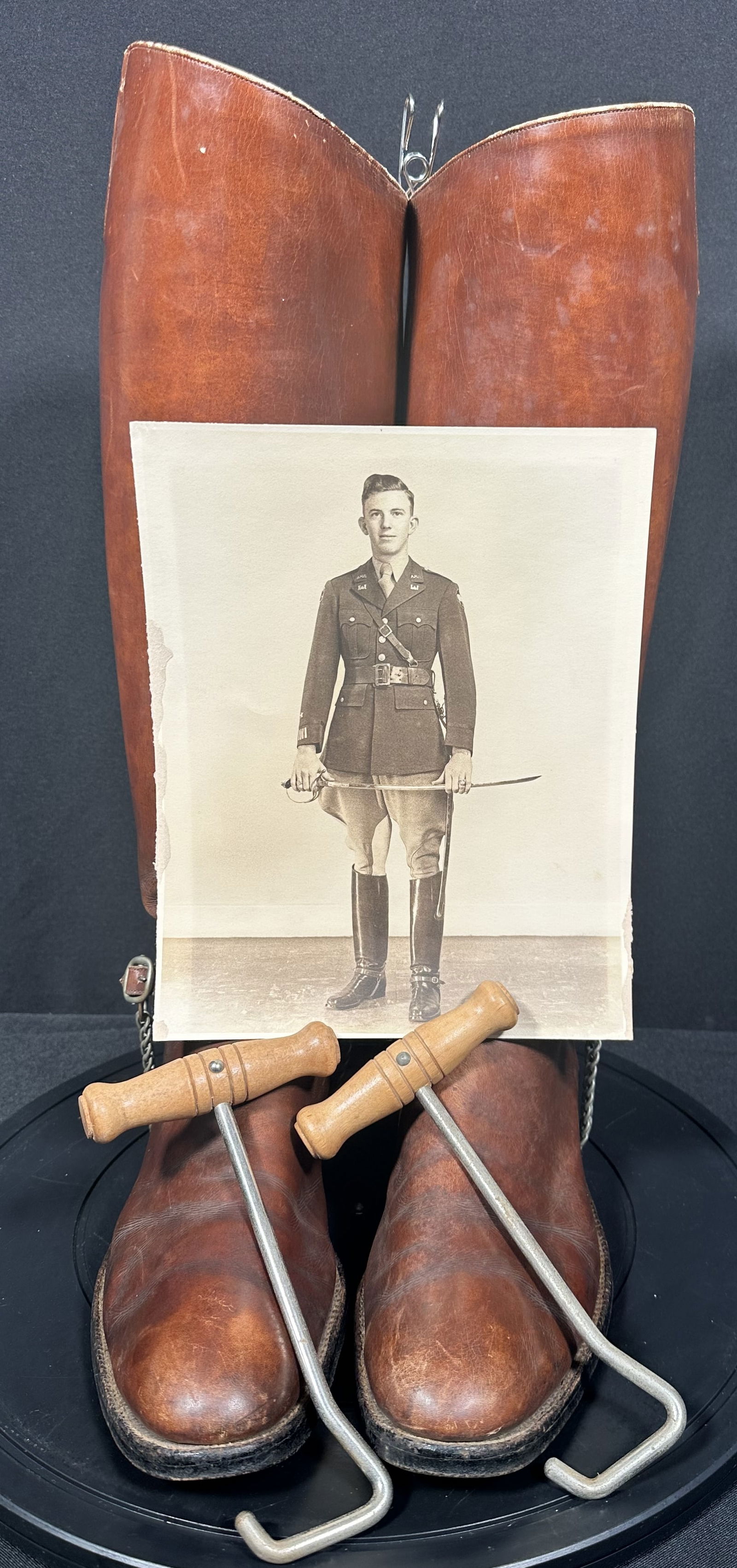 Riding Boots with Spurs and Photo: From the collection of a retired Colonel, World War II Veteran and 28 year career service man and officer. These leather riding boots with spurs are the same ones worn in the photo shown. Includes the