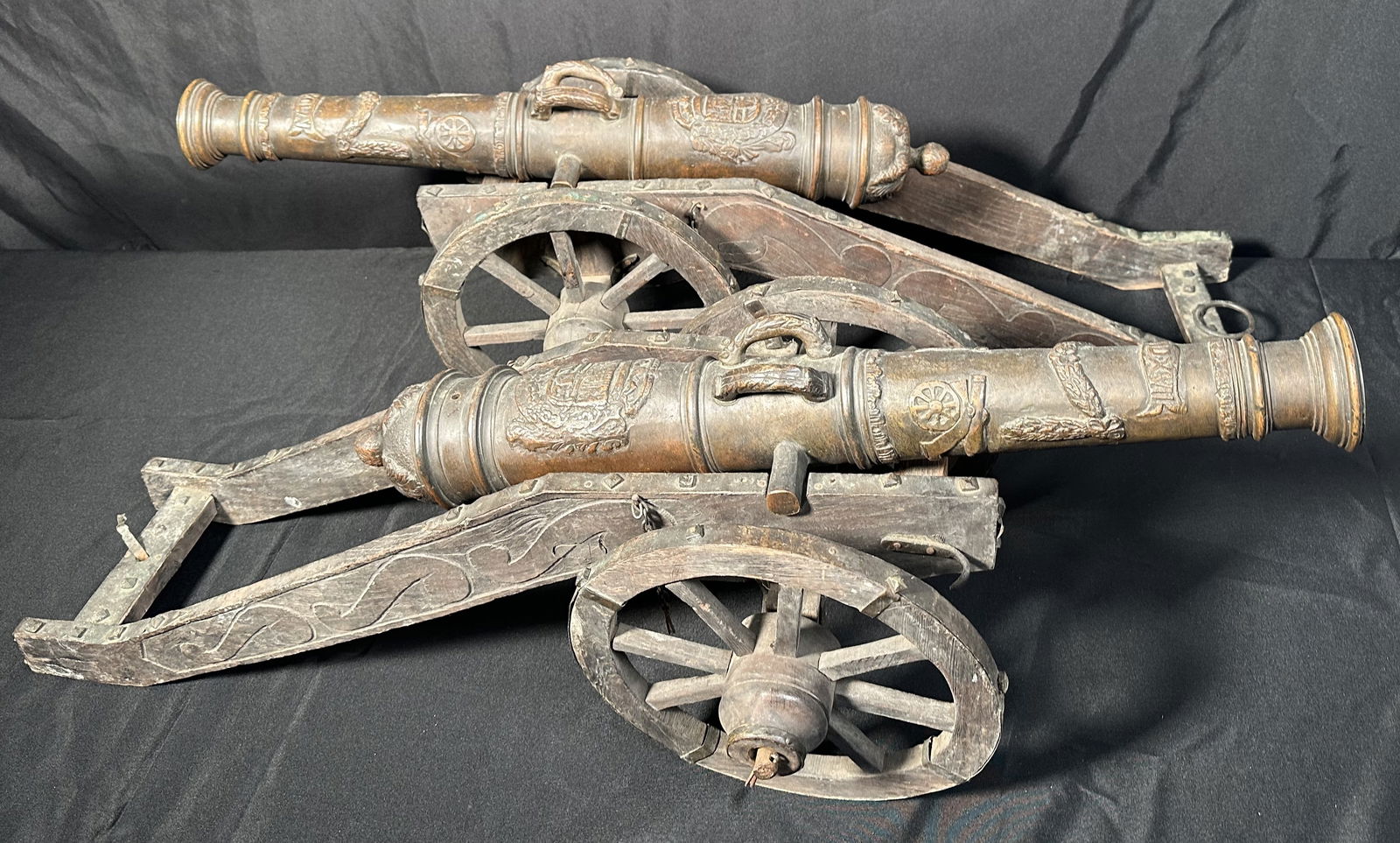 Pair Vintage Bronze 34 Inch Cannons on Carriages