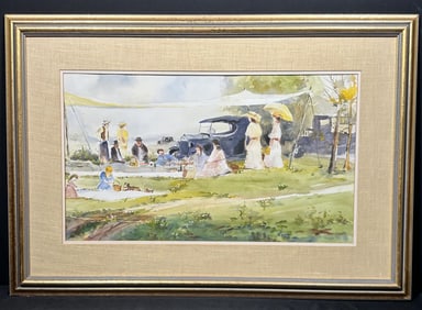 Large Watercolor of a Picnic around 1900 by Tom Lauer