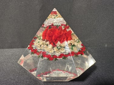 Vintage 1970s Lucite Paperweight Diamond Shape Floral Design